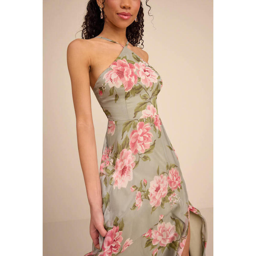 Lulus Romantic Marvel Sage Floral Print Halter Neck Maxi Dress Green - Size L